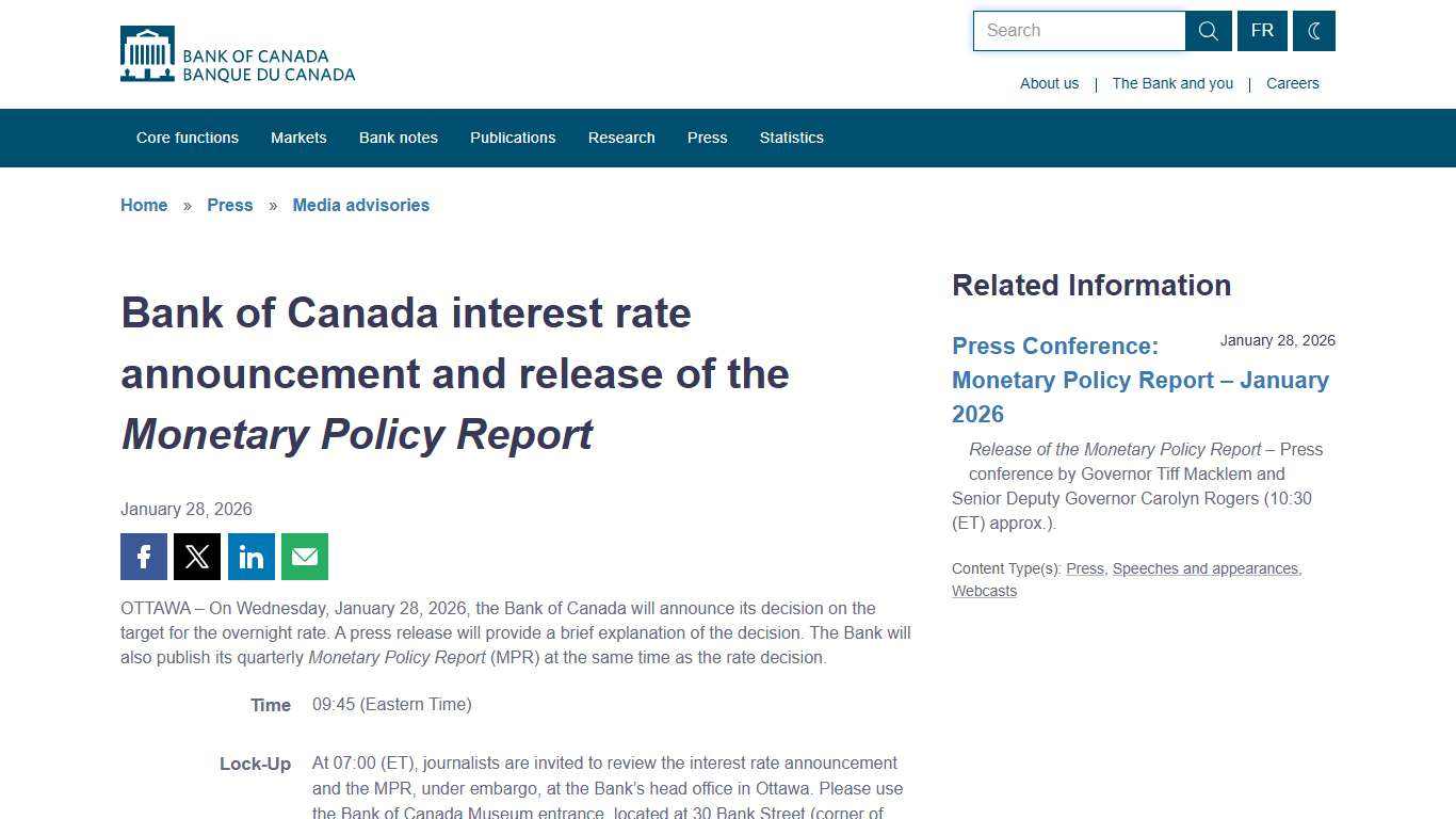 Bank of Canada interest rate announcement and release of the Monetary Policy Report - Bank of Canada
